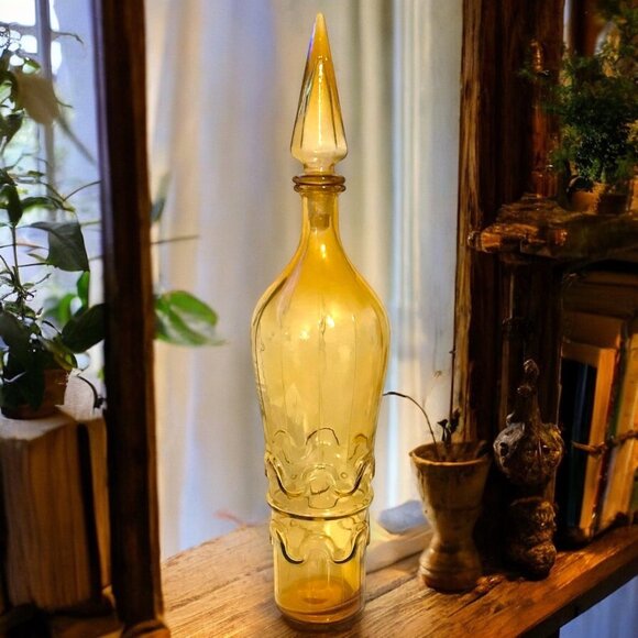 Vintage Empoli Rossini Italy Amber Squiggly Glass Decanter Flame Stopper 19.5in - Picture 1 of 11